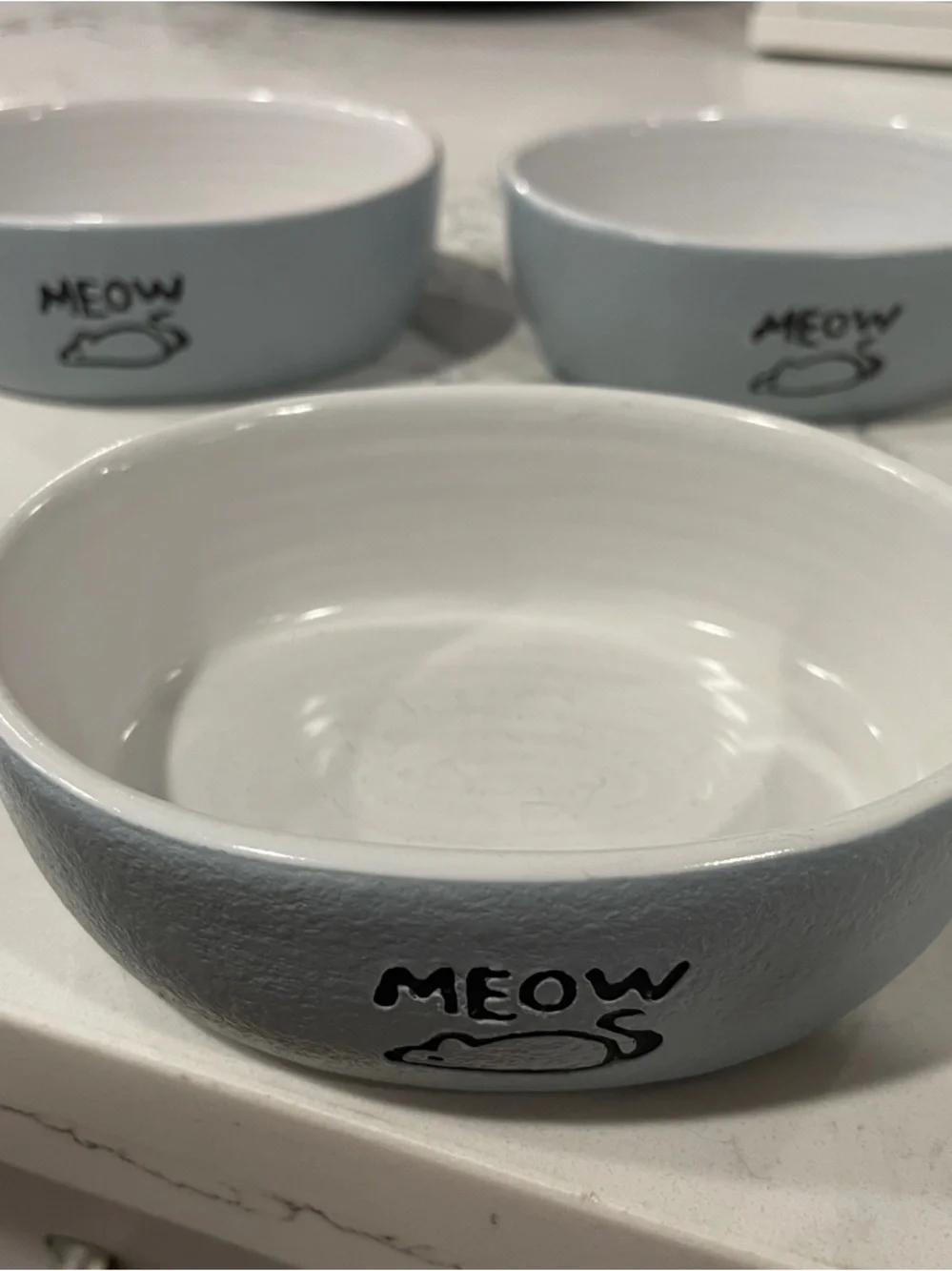 Set of Three Ceramic Cat Bowl with MEOW Design - Light Blue